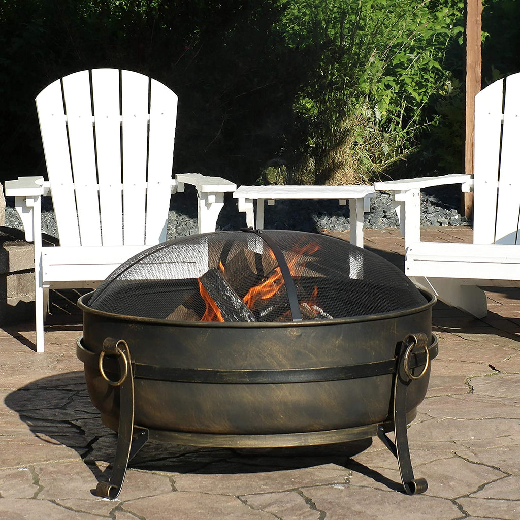 Wood Burning 34" Fire Pit Cauldron for Outdoor Use, w/ Poker, Round Screen and Metal Grate