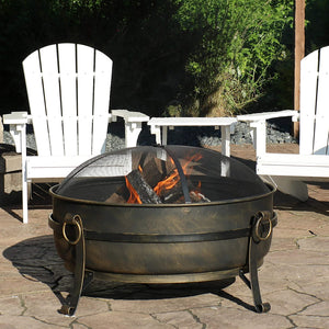 Wood Burning 34" Fire Pit Cauldron for Outdoor Use, w/ Poker, Round Screen and Metal Grate