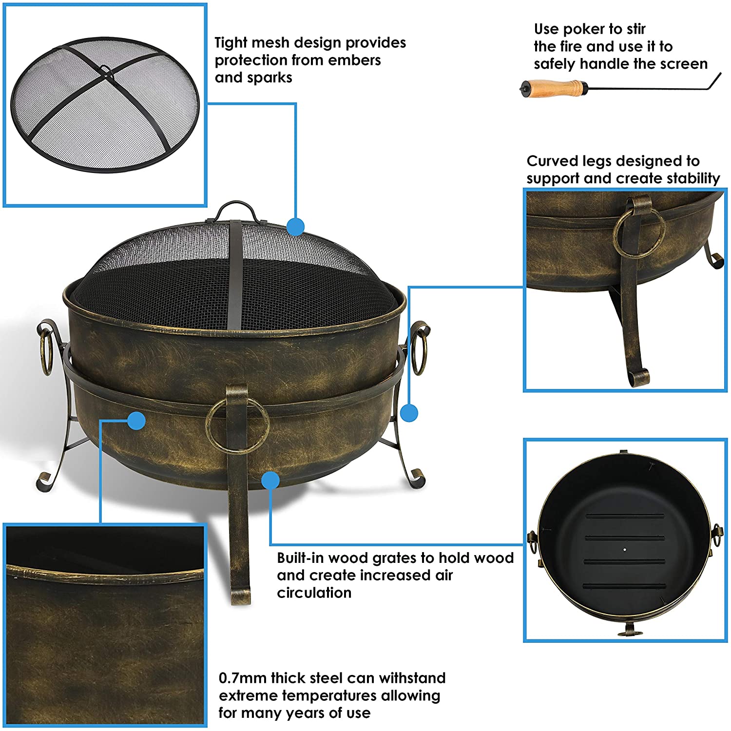 Wood Burning 34" Fire Pit Cauldron for Outdoor Use, w/ Poker, Round Screen and Metal Grate