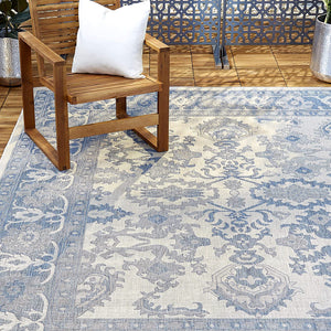 Patio Country Ayana Indoor & Outdoor Use Area Rug 5'2"x7'2" | Traditional Gray & Blue Pattern
